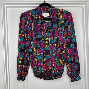Vintage Da-Rue Multicolored Blouse with Tie, Shoulder Pads, Elastic Waist